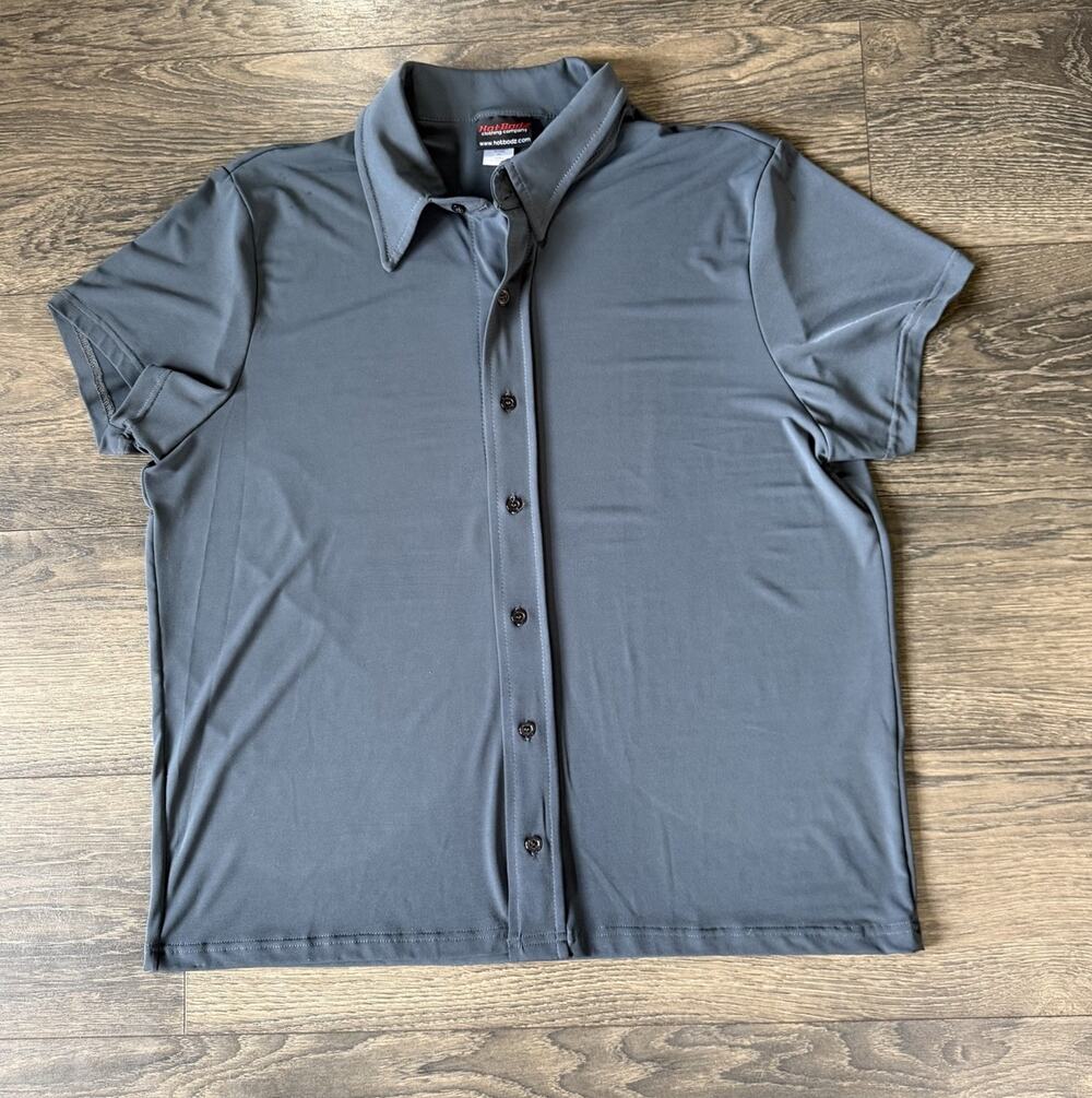 Hot Bodz Gray Stretch Button Front Top Size 2XL Y2K Fitness Bodybuilding Shirt